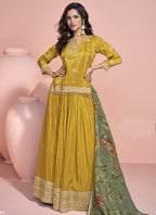 Vegaa Fashion Yellow Jacquard Silk Embroidered Lehenga Style Suit | Grocsy