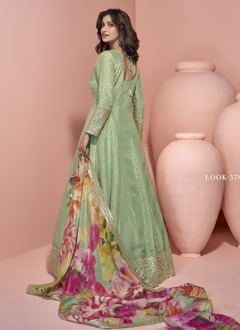 Vegaa Fashion Pista Green Viscose Jacquard Silk Embroidered Anarkali Suit | Grocsy