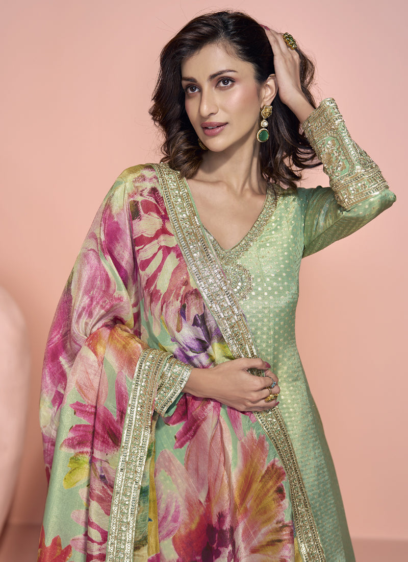 Vegaa Fashion Pista Green Viscose Jacquard Silk Embroidered Anarkali Suit | Grocsy