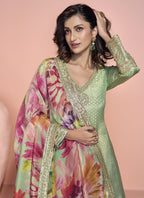 Vegaa Fashion Pista Green Viscose Jacquard Silk Embroidered Anarkali Suit | Grocsy