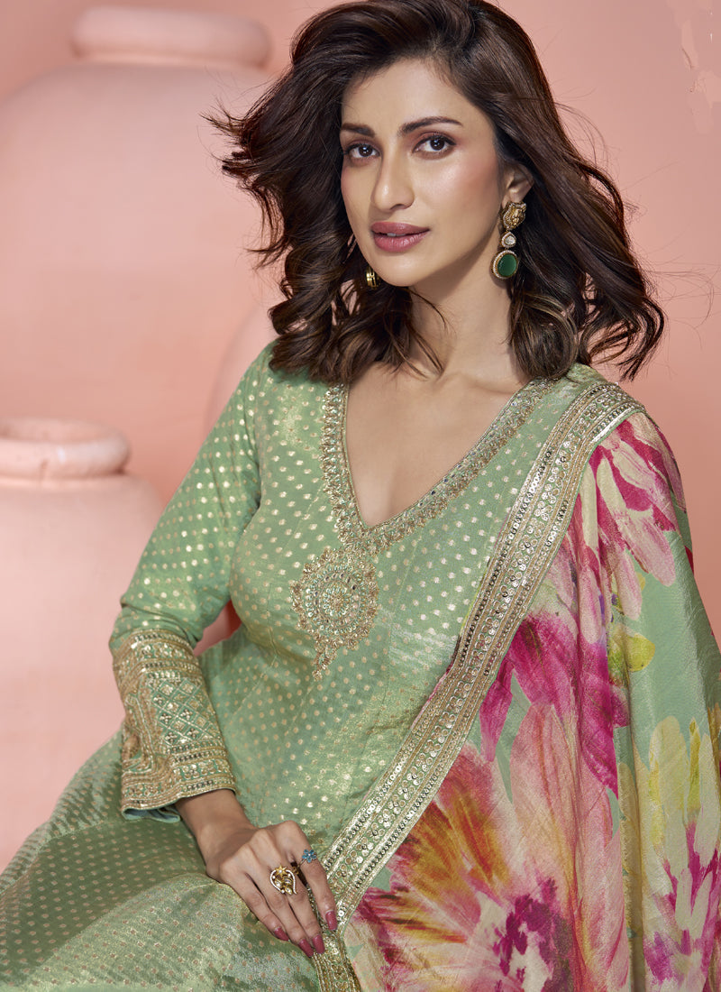 Vegaa Fashion Pista Green Viscose Jacquard Silk Embroidered Anarkali Suit | Grocsy