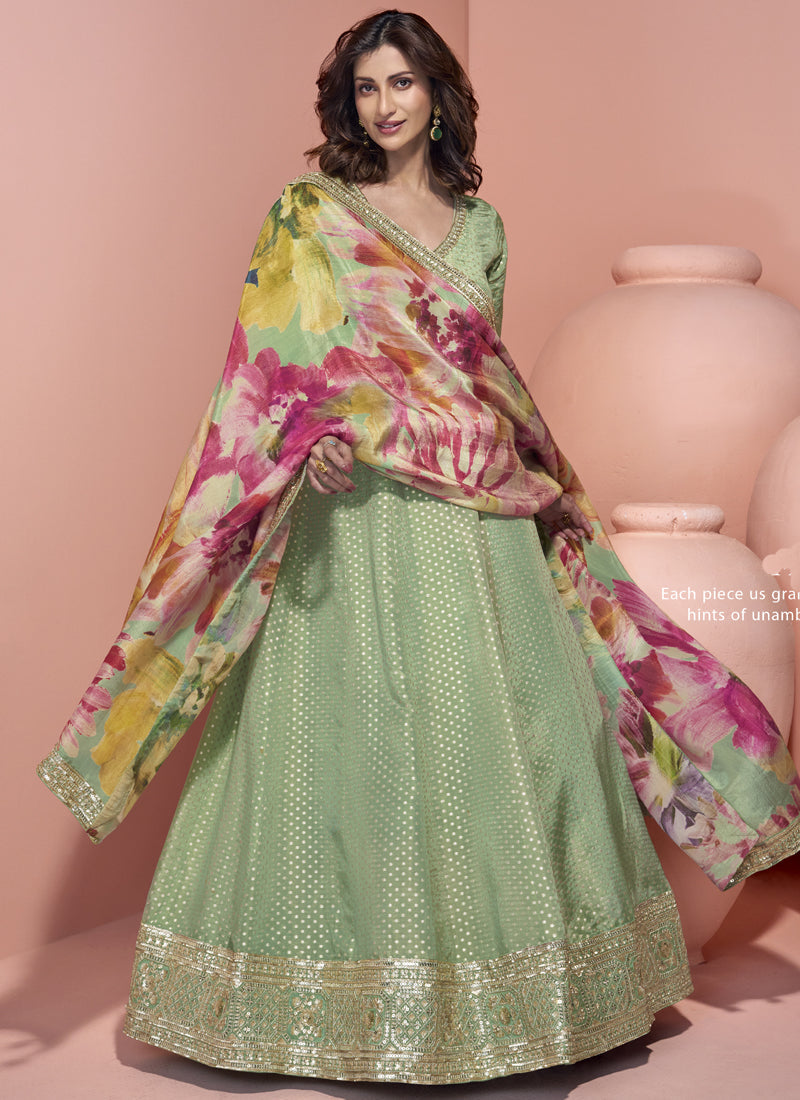 Vegaa Fashion Pista Green Viscose Jacquard Silk Embroidered Anarkali Suit | Grocsy