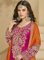 Vegaa Fashion Pink Chinon Silk Embroidered Palazzo Suit | Grocsy