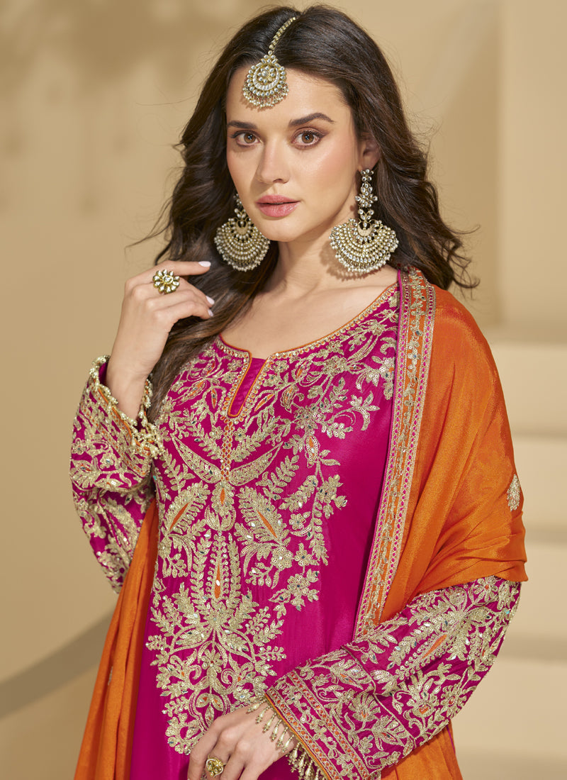 Vegaa Fashion Pink Chinon Silk Embroidered Palazzo Suit | Grocsy