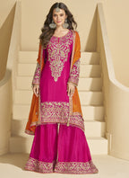 Vegaa Fashion Pink Chinon Silk Embroidered Palazzo Suit | Grocsy