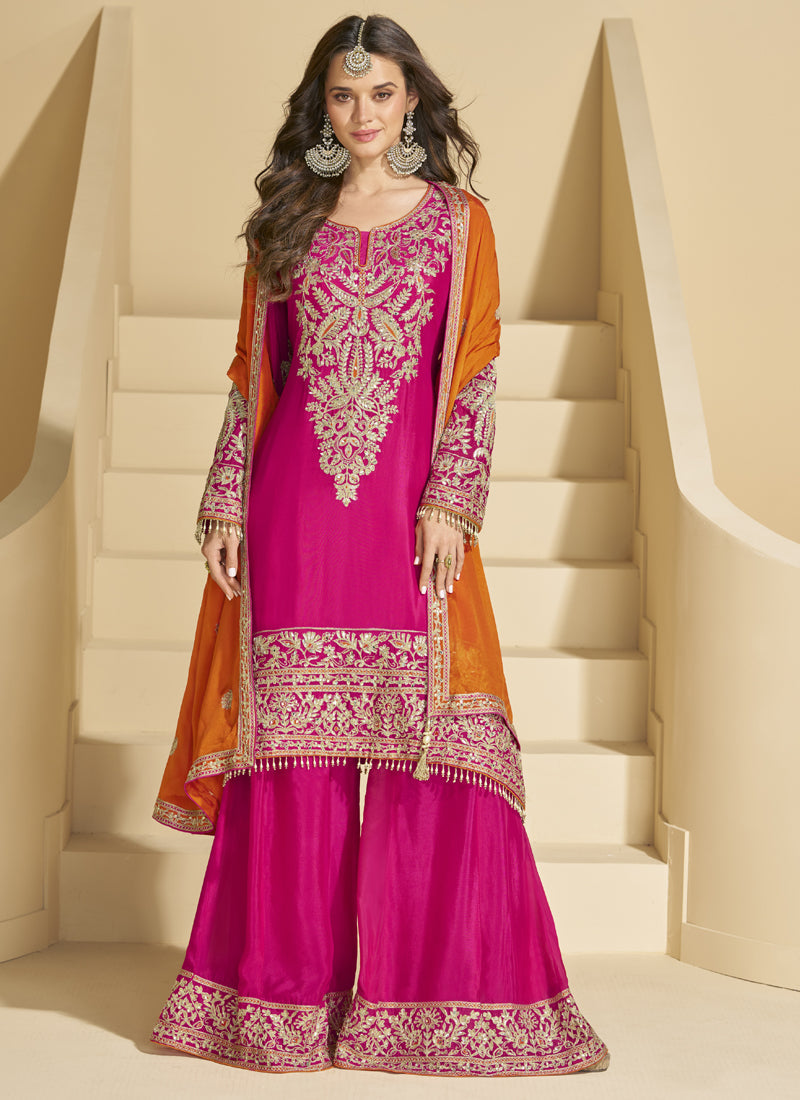 Vegaa Fashion Pink Chinon Silk Embroidered Palazzo Suit | Grocsy