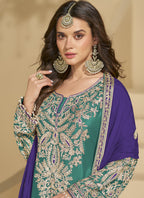 Vegaa Fashion Rama Green Chinon Silk Embroidered Palazzo Suit | Grocsy