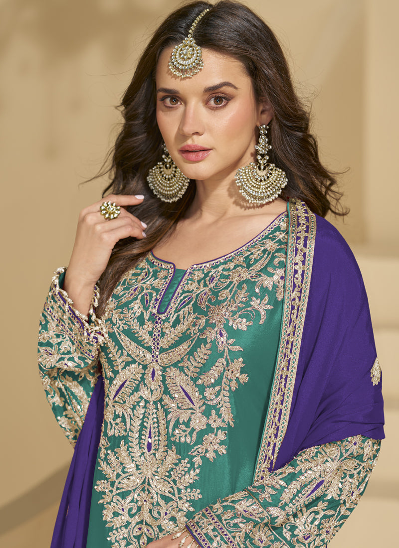 Vegaa Fashion Rama Green Chinon Silk Embroidered Palazzo Suit | Grocsy