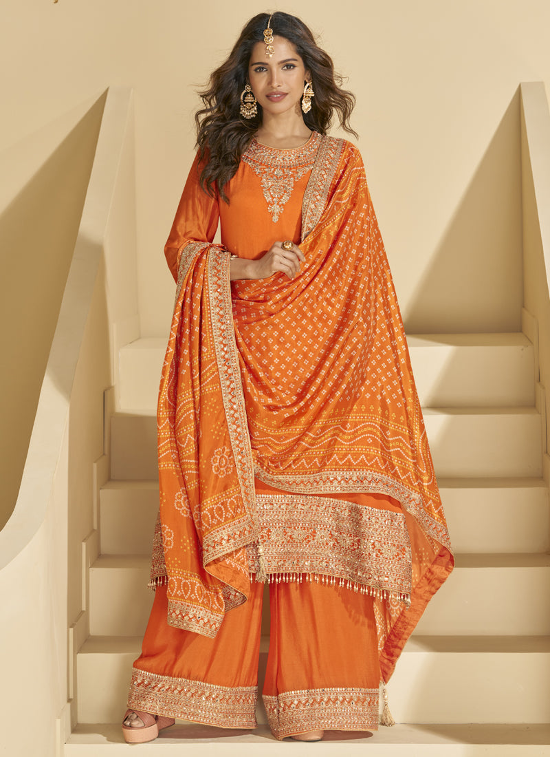 Vegaa Fashion Orange Chinon Silk Embroidered Palazzo Suit | Grocsy