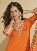 Vegaa Fashion Orange Chinon Silk Embroidered Palazzo Suit | Grocsy