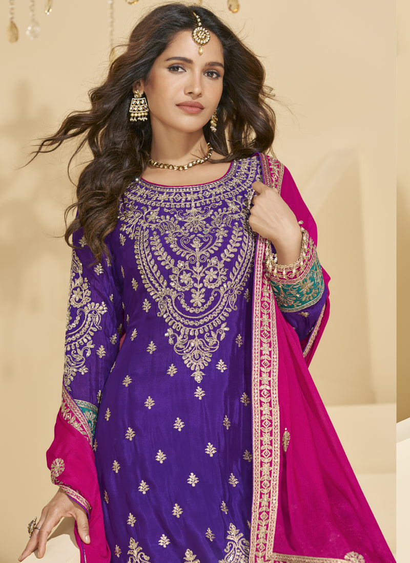 Vegaa Fashion Violet Chinon Silk Embroidered Palazzo Suit | Grocsy