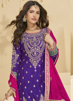 Vegaa Fashion Violet Chinon Silk Embroidered Palazzo Suit | Grocsy