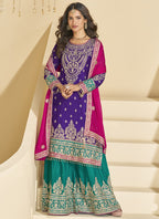 Vegaa Fashion Violet Chinon Silk Embroidered Palazzo Suit | Grocsy