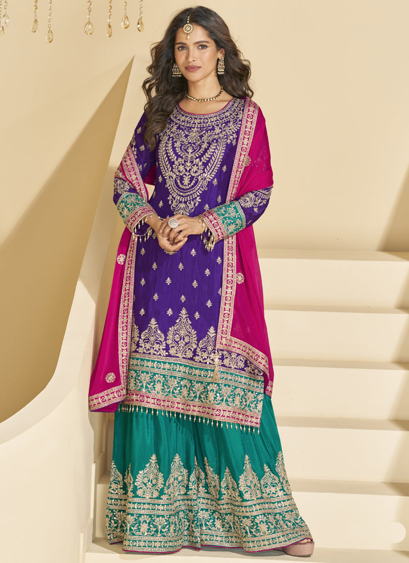 Vegaa Fashion Violet Chinon Silk Embroidered Palazzo Suit | Grocsy