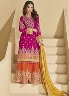 Vegaa Fashion Rani Pink Chinon Silk Embroidered Palazzo Suit | Grocsy