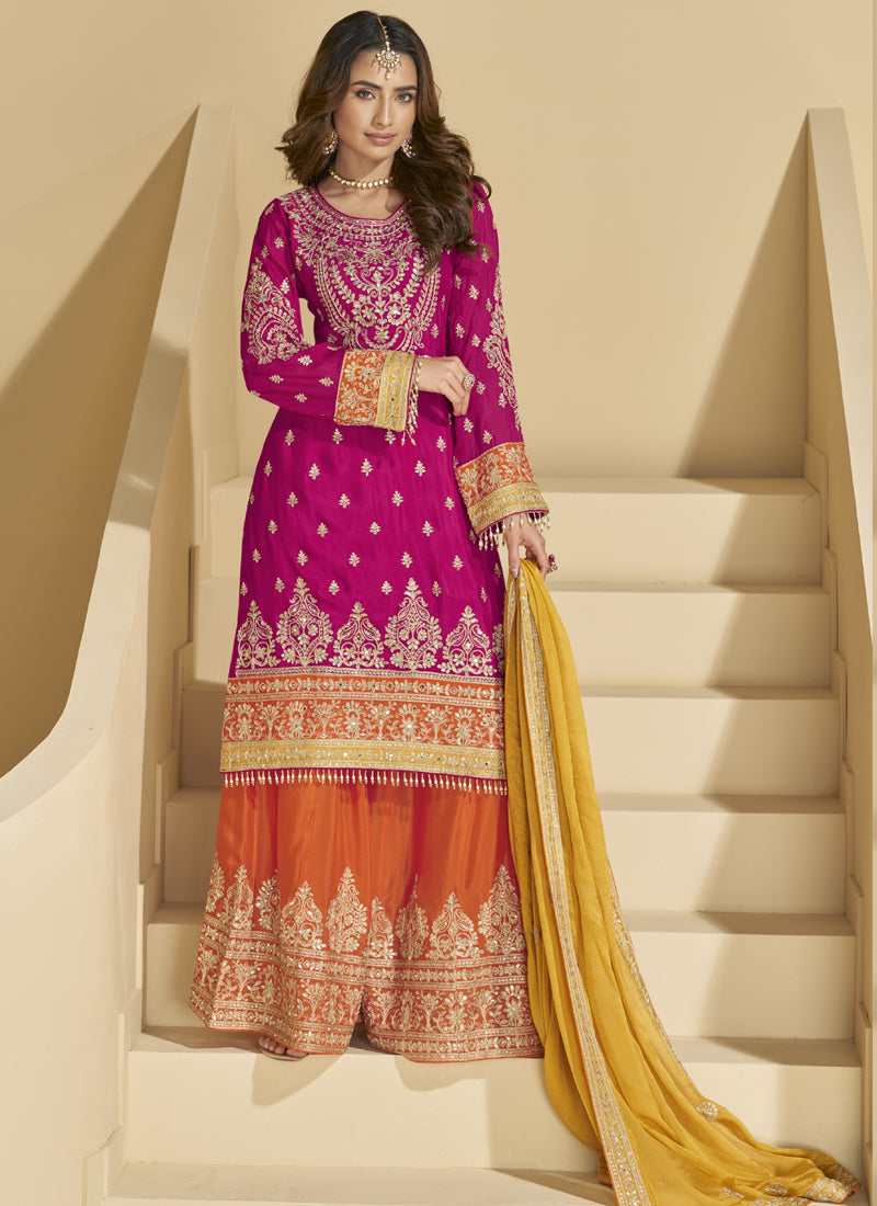 Vegaa Fashion Rani Pink Chinon Silk Embroidered Palazzo Suit | Grocsy