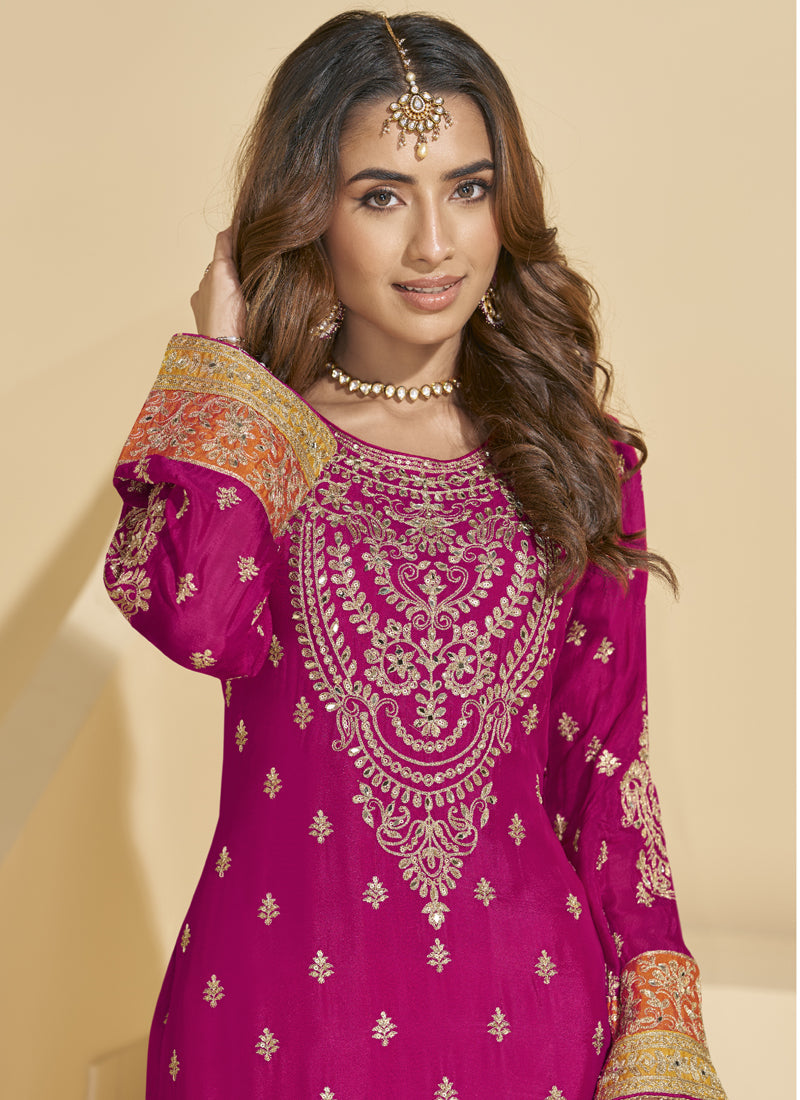 Vegaa Fashion Rani Pink Chinon Silk Embroidered Palazzo Suit | Grocsy