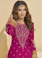 Vegaa Fashion Rani Pink Chinon Silk Embroidered Palazzo Suit | Grocsy