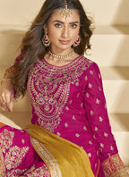 Vegaa Fashion Rani Pink Chinon Silk Embroidered Palazzo Suit | Grocsy
