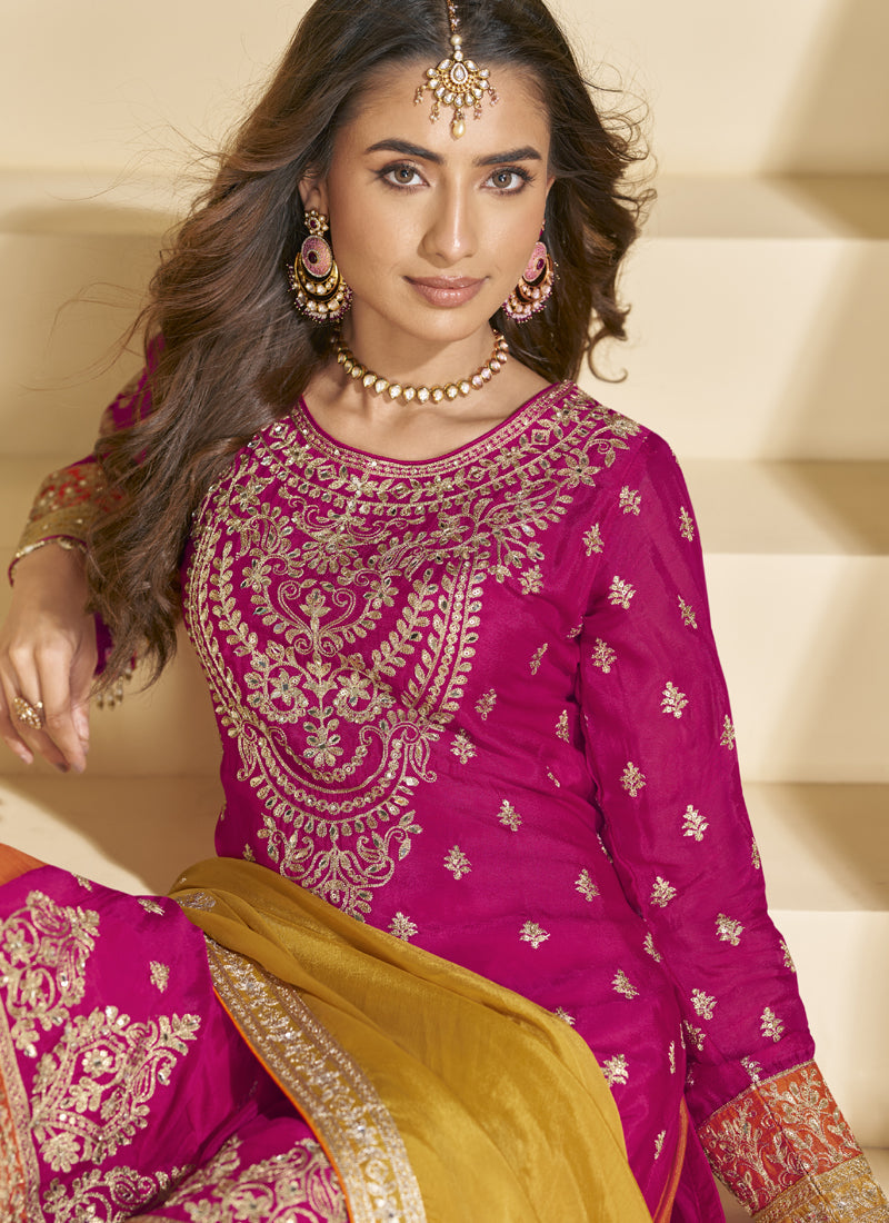 Vegaa Fashion Rani Pink Chinon Silk Embroidered Palazzo Suit | Grocsy