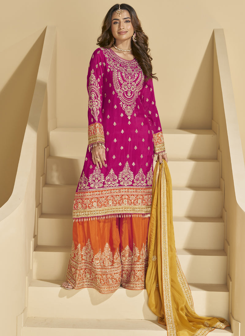 Vegaa Fashion Rani Pink Chinon Silk Embroidered Palazzo Suit | Grocsy