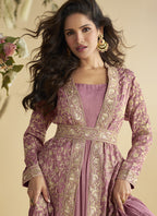 Vegaa Fashion Onion Pink Chinon Silk Embroidered Designer Gown With Shrug | Grocsy