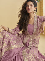 Vegaa Fashion Onion Pink Chinon Silk Embroidered Designer Gown With Shrug | Grocsy