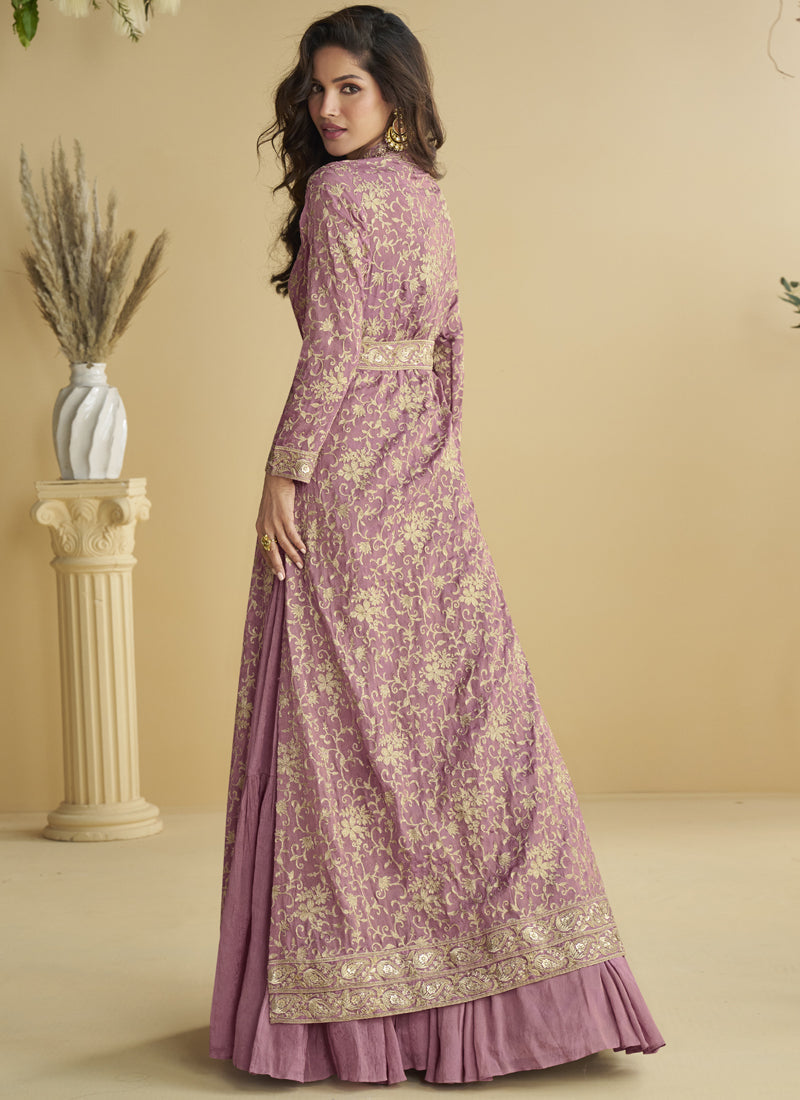 Vegaa Fashion Onion Pink Chinon Silk Embroidered Designer Gown With Shrug | Grocsy