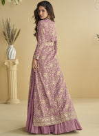 Vegaa Fashion Onion Pink Chinon Silk Embroidered Designer Gown With Shrug | Grocsy