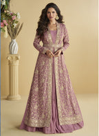 Vegaa Fashion Onion Pink Chinon Silk Embroidered Designer Gown With Shrug | Grocsy