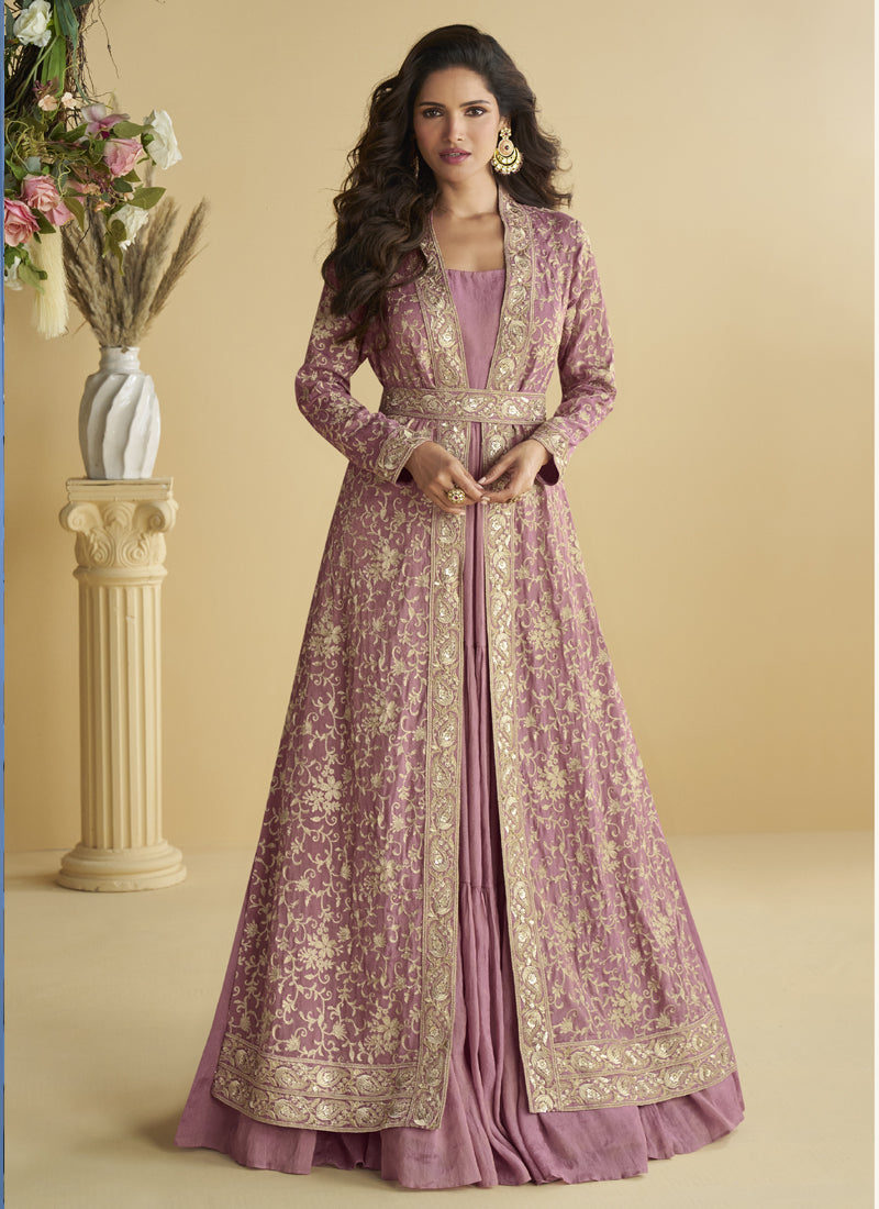 Vegaa Fashion Onion Pink Chinon Silk Embroidered Designer Gown With Shrug | Grocsy