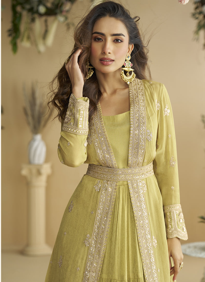 Vegaa Fashion Lemon Yellow Chinon Silk Embroidered Designer Gown With Shrug | Grocsy