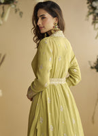 Vegaa Fashion Lemon Yellow Chinon Silk Embroidered Designer Gown With Shrug | Grocsy