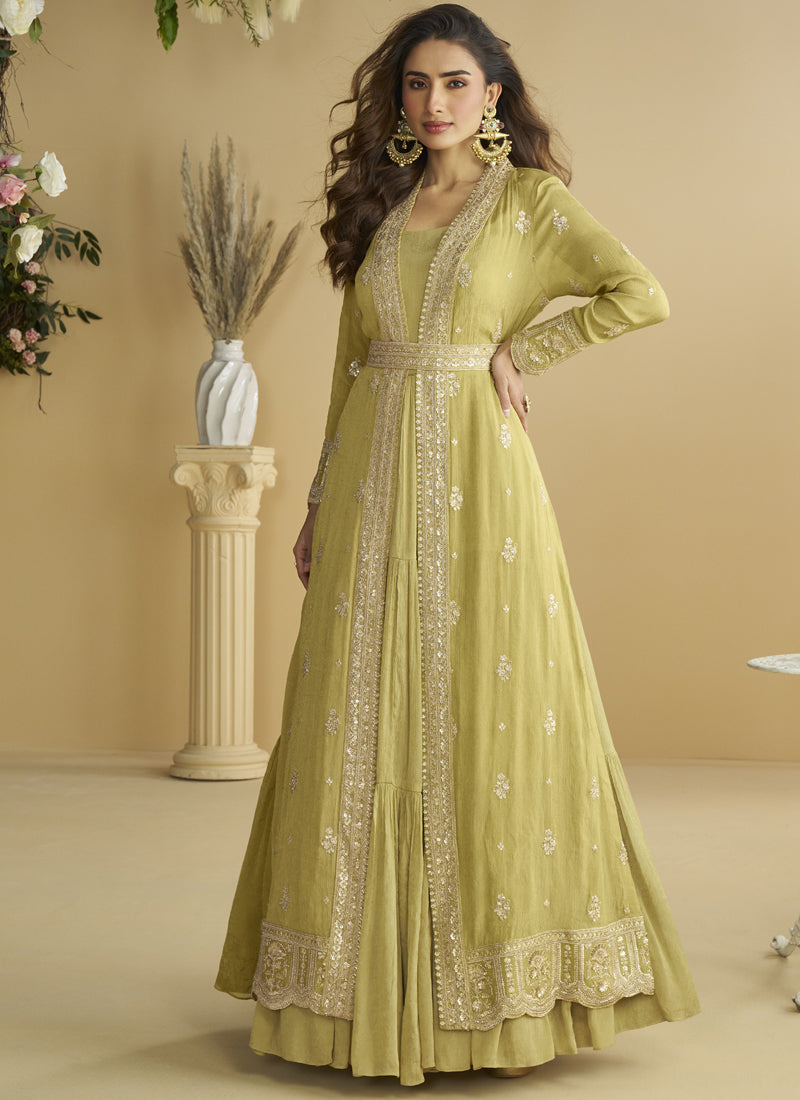Vegaa Fashion Lemon Yellow Chinon Silk Embroidered Designer Gown With Shrug | Grocsy