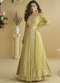 Vegaa Fashion Lemon Yellow Chinon Silk Embroidered Designer Gown With Shrug | Grocsy