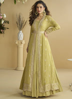 Vegaa Fashion Lemon Yellow Chinon Silk Embroidered Designer Gown With Shrug | Grocsy