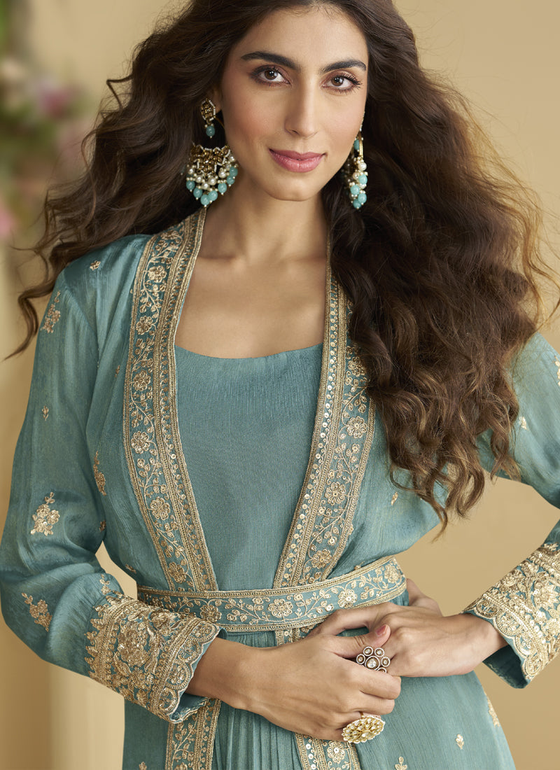 Vegaa Fashion Sky Blue Chinon Silk Embroidered Designer Gown With Shrug | Grocsy