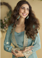 Vegaa Fashion Sky Blue Chinon Silk Embroidered Designer Gown With Shrug | Grocsy