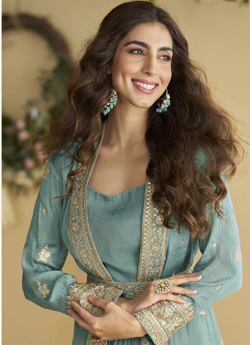 Vegaa Fashion Sky Blue Chinon Silk Embroidered Designer Gown With Shrug | Grocsy