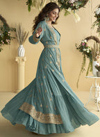 Vegaa Fashion Sky Blue Chinon Silk Embroidered Designer Gown With Shrug | Grocsy