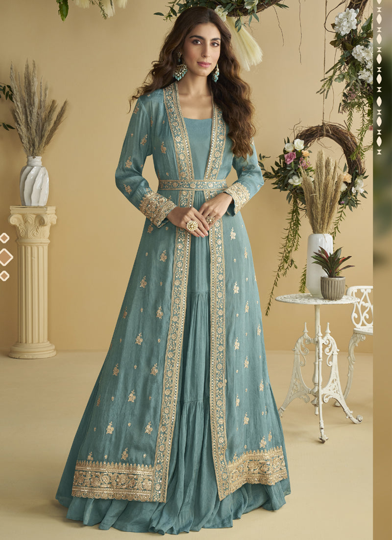 Vegaa Fashion Sky Blue Chinon Silk Embroidered Designer Gown With Shrug | Grocsy