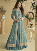 Vegaa Fashion Sky Blue Chinon Silk Embroidered Designer Gown With Shrug | Grocsy