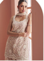 Vegaa Fashion Light Onion Pink Net Embroidered Beads Trendy Palazzo Suit | Grocsy