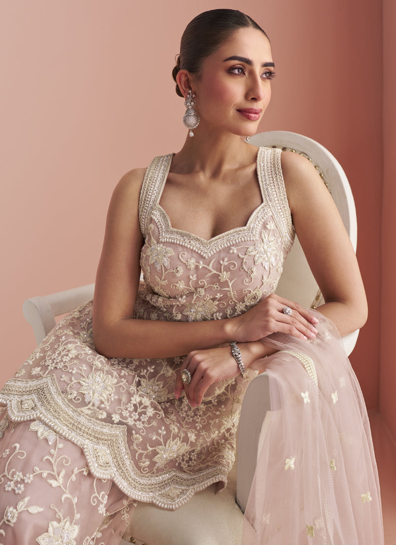 Vegaa Fashion Light Onion Pink Net Embroidered Beads Trendy Palazzo Suit | Grocsy