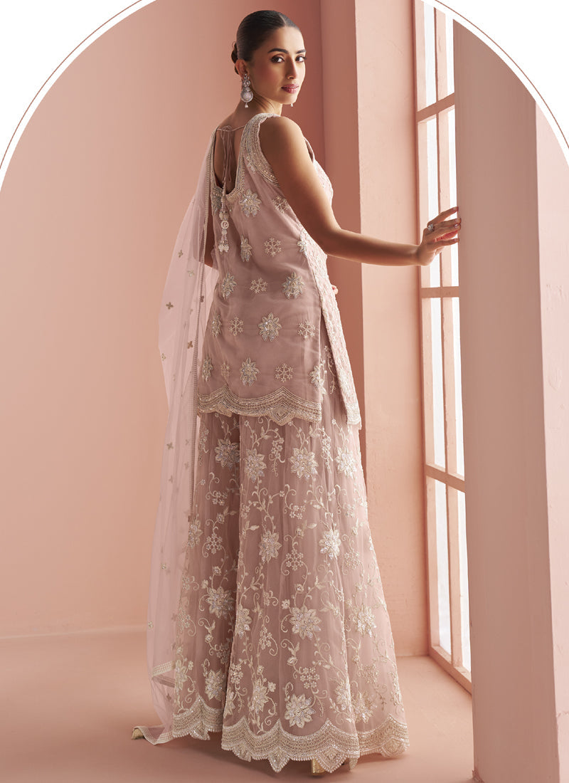 Vegaa Fashion Light Onion Pink Net Embroidered Beads Trendy Palazzo Suit | Grocsy