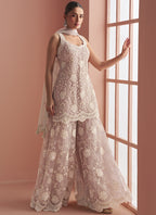 Vegaa Fashion Light Onion Pink Net Embroidered Beads Trendy Palazzo Suit | Grocsy