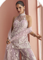 Vegaa Fashion Light Lavender Net Embroidered Beads Trendy Palazzo Suit | Grocsy
