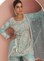 Vegaa Fashion Light Sky Blue Net Embroidered Beads Trendy Palazzo Suit | Grocsy
