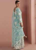Vegaa Fashion Light Sky Blue Net Embroidered Beads Trendy Palazzo Suit | Grocsy