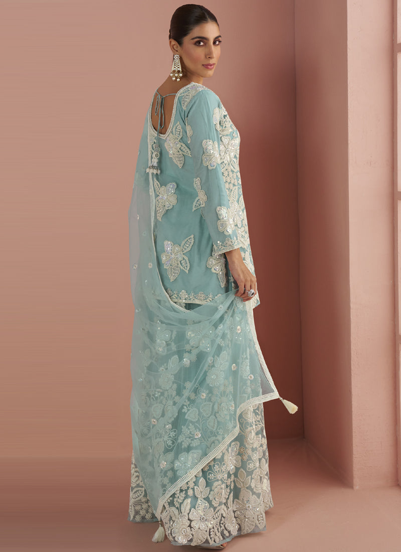 Vegaa Fashion Light Sky Blue Net Embroidered Beads Trendy Palazzo Suit | Grocsy